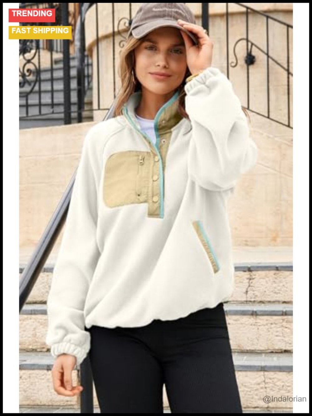 Fuzzy Fleece Color Block Button Pullover Sweatshirt - Picture 5 of 6